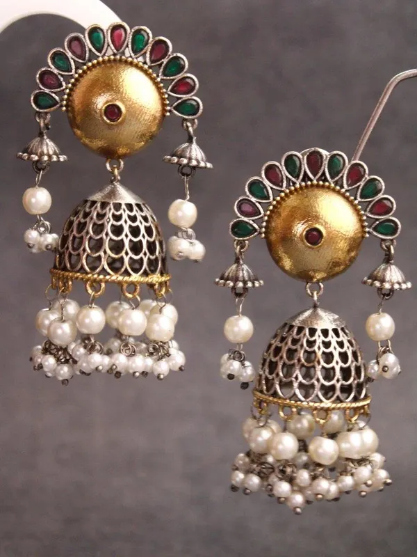 Indian_Shringar_Dual_Tone_Jhumka_Earrings_|_Red_Green_Stone_Pearl_Jhumki_|_Traditional_Wedding_Earrings
