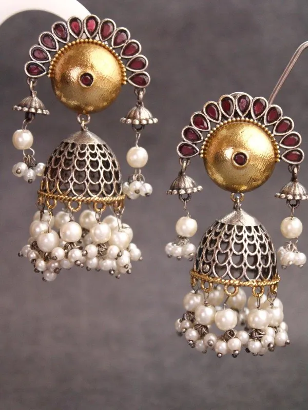 Indian_Shringar_Dual_Tone_Jhumka_Earrings_|_Ruby_Red_Stone_Pearl_Jhumki_|_Wedding_Ethnic_Earrings