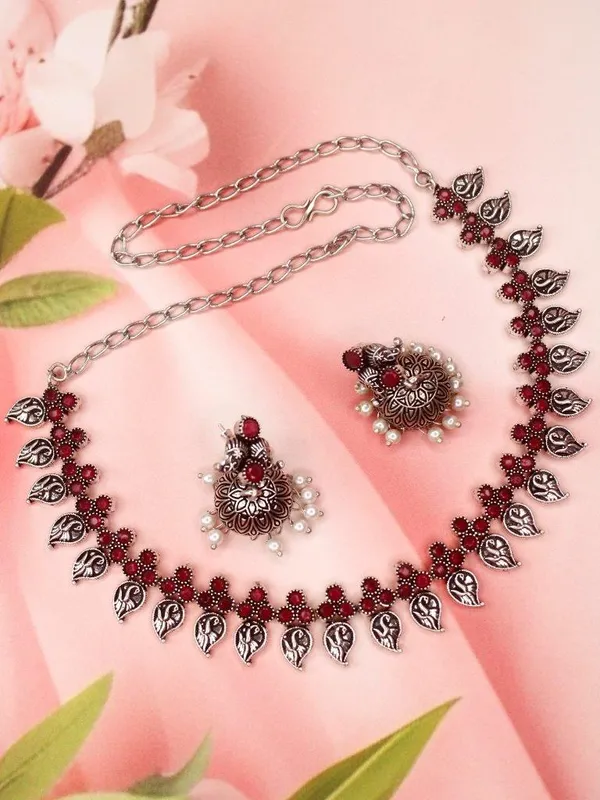 Indian_Shringar_German_Silver_Oxidised_Necklace_Set_|_Red_Monalisa_Stone_Tribal_Design_with_Earrings_|_Adjustable_Chain_Jewelry