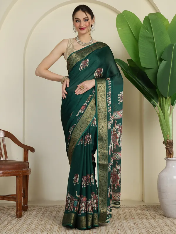 Indian_Shringar_Green_Soft_Silk_Elephant_Print_Saree_with_Rich_Zari_Border