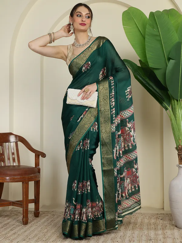 Indian_Shringar_Green_Soft_Silk_Elephant_Print_Saree_with_Rich_Zari_Border