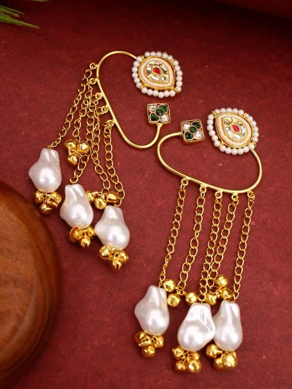 Indian_Shringar_Kashmiri_Ear_Cuff_Earrings_|_Green_&_White_Monalisa_Stone_Pearl_Chain_Ear_Wrap_|_Ethnic_Statement_Jewelry