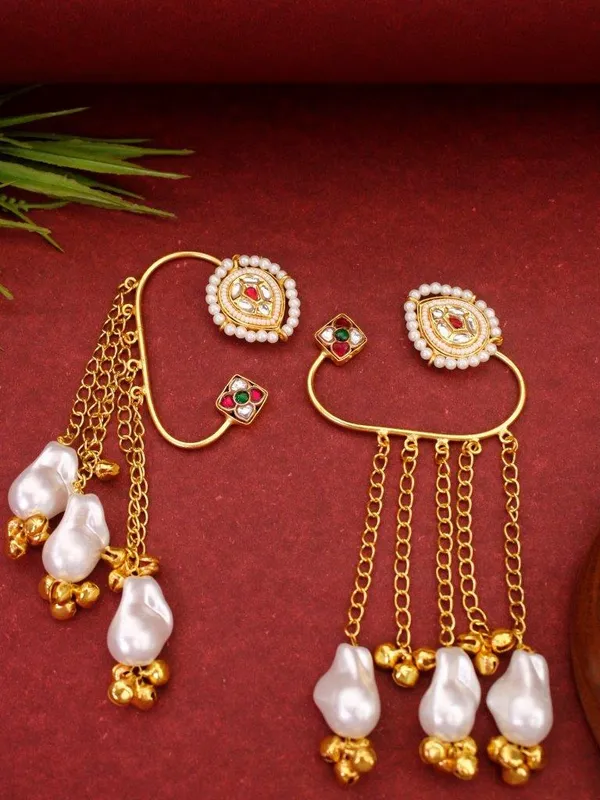 Indian_Shringar_Kashmiri_Ear_Cuff_Earrings_|_Red_&_White_Monalisa_Stone_Pearl_Chain_Ear_Wrap_|_Gold_Finish_Ethnic_Bridal_Jewelry