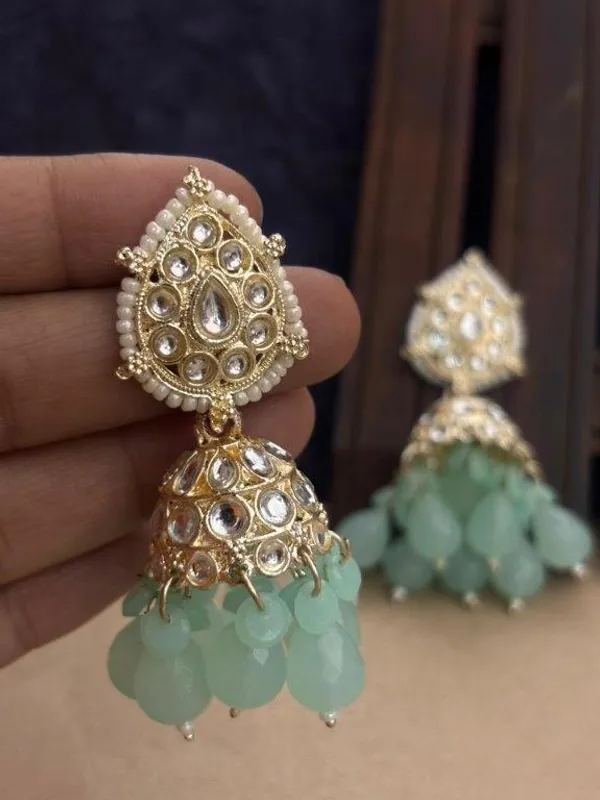 Indian_Shringar_Kundan_Jhumki_Earrings_|_Sea_Green_Bead_Jhalar_Earrings_|_Pastel_Traditional_Jewelry