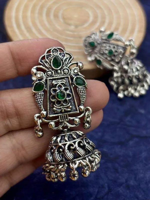 Indian_Shringar_Oxidised_Silver_Jhumka_Earrings_|_Dark_Green_Stone_Vintage_Boho_Jhumki_|_Ethnic_German_Silver_Jewelry