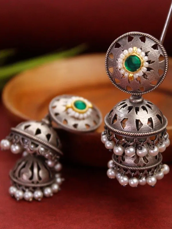 Indian_Shringar_Oxidised_Silver_Jhumka_Earrings_|_Green_Stone_Pearl_Drop_Jhumki_|_Ethnic_German_Silver_Jewelry