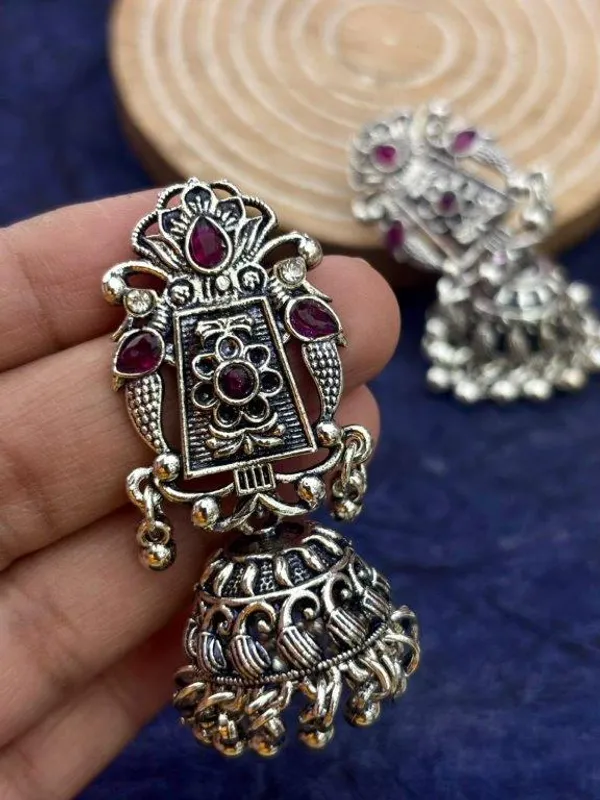 Indian_Shringar_Oxidised_Silver_Jhumka_Earrings_|_Pink_Stone_Vintage_Boho_Jhumki_|_Ethnic_German_Silver_Jewelry