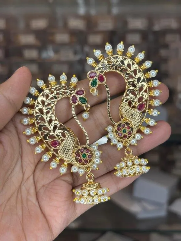 Indian_Shringar_Peacock_Kundan_Ear_Cuff_Earrings_|_Pearl_Jhumka_Statement_Earrings_with_Premium_Stones_|_Bridal_Ethnic_Jewelry
