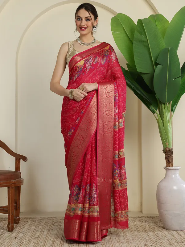 Indian_Shringar_Rani_Pink_Banarasi_Silk_Blend_Saree_with_Woven_Floral_Motifs_&_Rich_Zari_Border