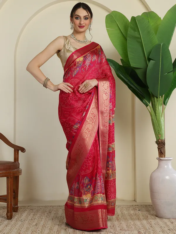 Indian_Shringar_Rani_Pink_Banarasi_Silk_Blend_Saree_with_Woven_Floral_Motifs_&_Rich_Zari_Border