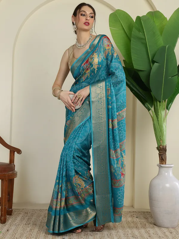 Indian_Shringar_Turquoise_Blue_Banarasi_Silk_Blend_Saree_with_Woven_Floral_Motifs_&_Rich_Zari_Border