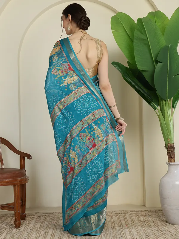 Indian_Shringar_Turquoise_Blue_Banarasi_Silk_Blend_Saree_with_Woven_Floral_Motifs_&_Rich_Zari_Border