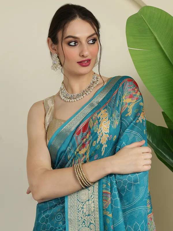 Indian_Shringar_Turquoise_Blue_Banarasi_Silk_Blend_Saree_with_Woven_Floral_Motifs_&_Rich_Zari_Border