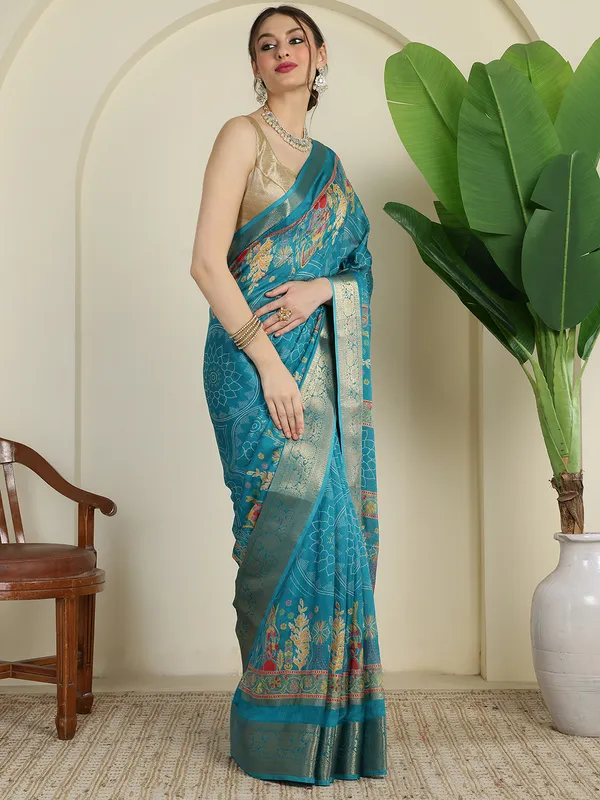 Indian_Shringar_Turquoise_Blue_Banarasi_Silk_Blend_Saree_with_Woven_Floral_Motifs_&_Rich_Zari_Border