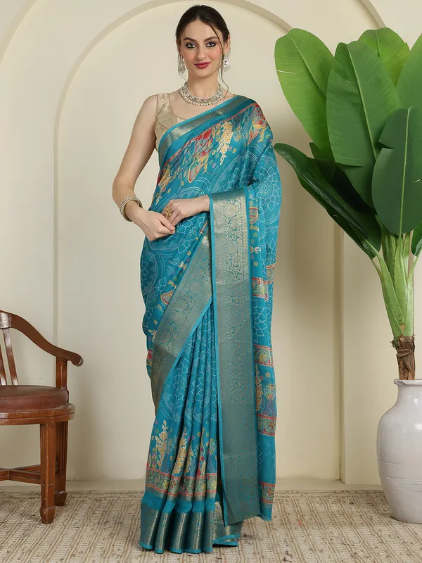 Indian_Shringar_Turquoise_Blue_Banarasi_Silk_Blend_Saree_with_Woven_Floral_Motifs_&_Rich_Zari_Border