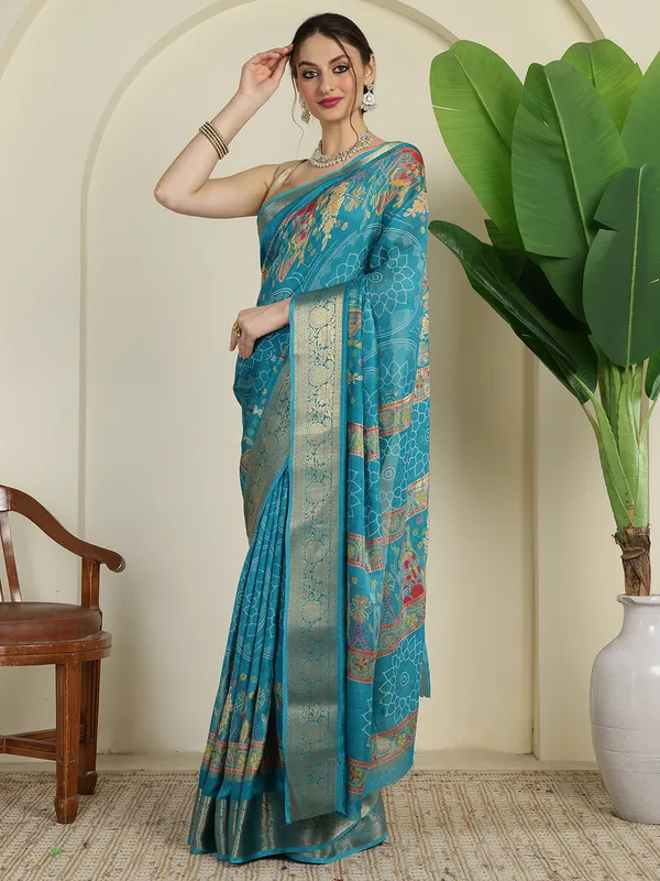 Indian_Shringar_Turquoise_Blue_Banarasi_Silk_Blend_Saree_with_Woven_Floral_Motifs_&_Rich_Zari_Border
