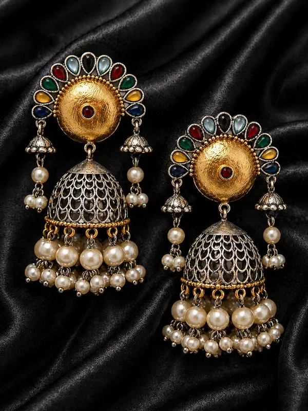 Indian_Shringar_Dual_Tone_Jhumka_Earrings_|_Multicolor_Stone_Pearl_Jhumki_|_Ethnic_Statement_Earrings