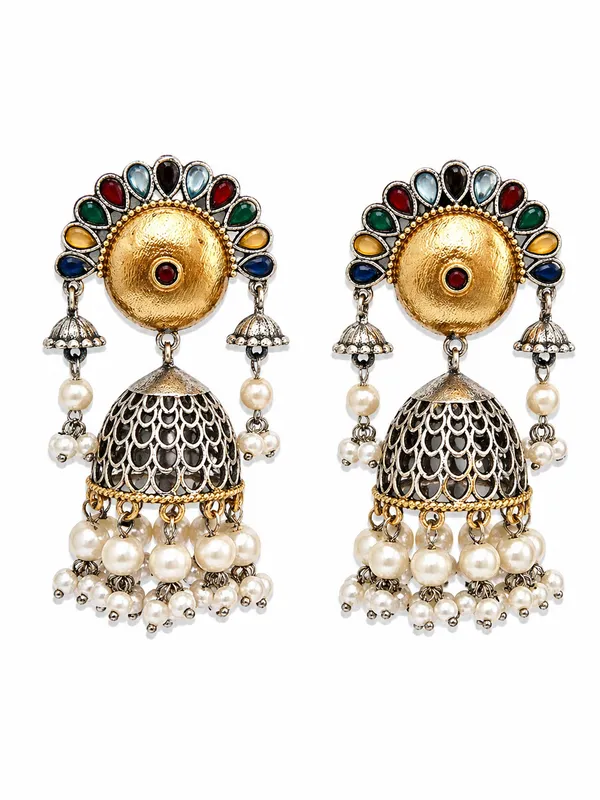 Indian_Shringar_Dual_Tone_Jhumka_Earrings_|_Multicolor_Stone_Pearl_Jhumki_|_Ethnic_Statement_Earrings