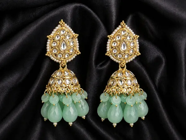 Indian_Shringar_Kundan_Jhumki_Earrings_|_Sea_Green_Bead_Jhalar_Earrings_|_Pastel_Traditional_Jewelry