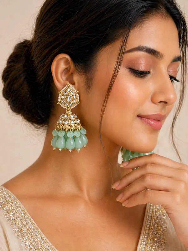 Indian_Shringar_Kundan_Jhumki_Earrings_|_Sea_Green_Bead_Jhalar_Earrings_|_Pastel_Traditional_Jewelry