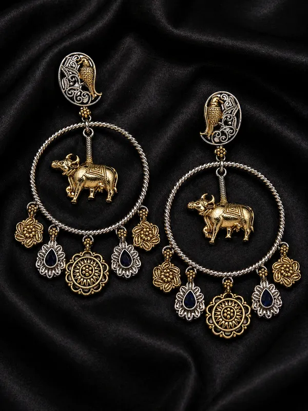 Indian_Shringar_Dual_Tone_Elephant_Hoop_Earrings_|_Blue_Stone_Boho_Earrings_|_Ethnic_Statement_Jewelry