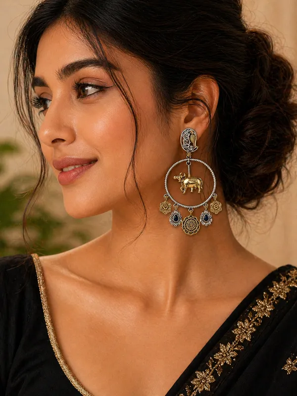 Indian_Shringar_Dual_Tone_Elephant_Hoop_Earrings_|_Blue_Stone_Boho_Earrings_|_Ethnic_Statement_Jewelry