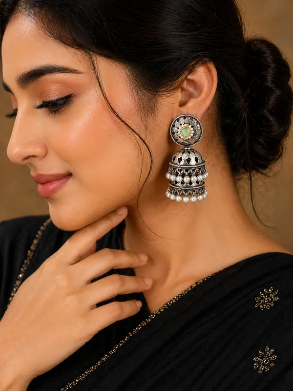 Indian_Shringar_Oxidised_Silver_Jhumka_Earrings_|_Sea_Green_Stone_Pearl_Drop_Jhumki_|_Ethnic_German_Silver_Jewelry