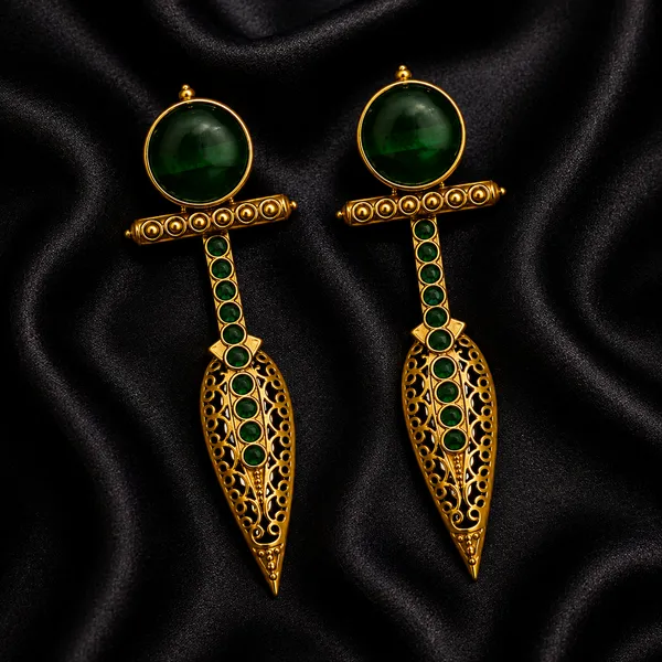 Emerald_Green_Stone_Golden_Designer_Earrings_|_Antique_Fusion_Statement_Earrings_for_Party_&_Ethnic_Wear