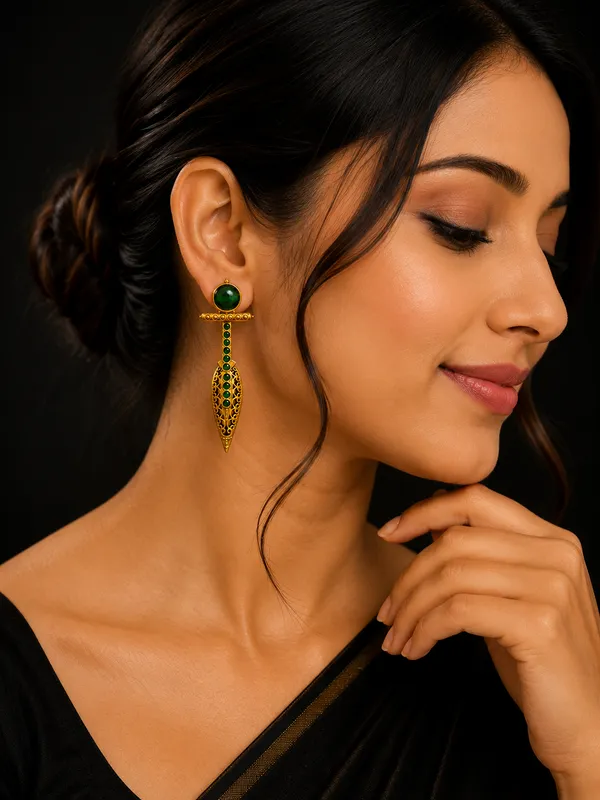 Emerald_Green_Stone_Golden_Designer_Earrings_|_Antique_Fusion_Statement_Earrings_for_Party_&_Ethnic_Wear