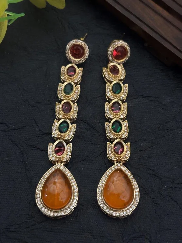 Luxury_Multi-Stone_Long_Drop_Golden_Earrings_(Orange)_|_Designer_Statement_Party_&_Festive_Wear