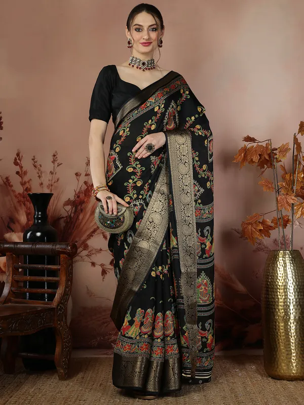 Midnight_Black_Banarasi_Art_Silk_Saree_with_Traditional_Folk_Motif_Print_&_Rich_Zari_Border