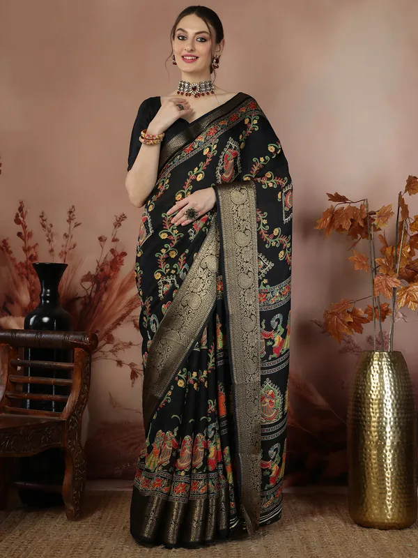 Midnight_Black_Banarasi_Art_Silk_Saree_with_Traditional_Folk_Motif_Print_&_Rich_Zari_Border