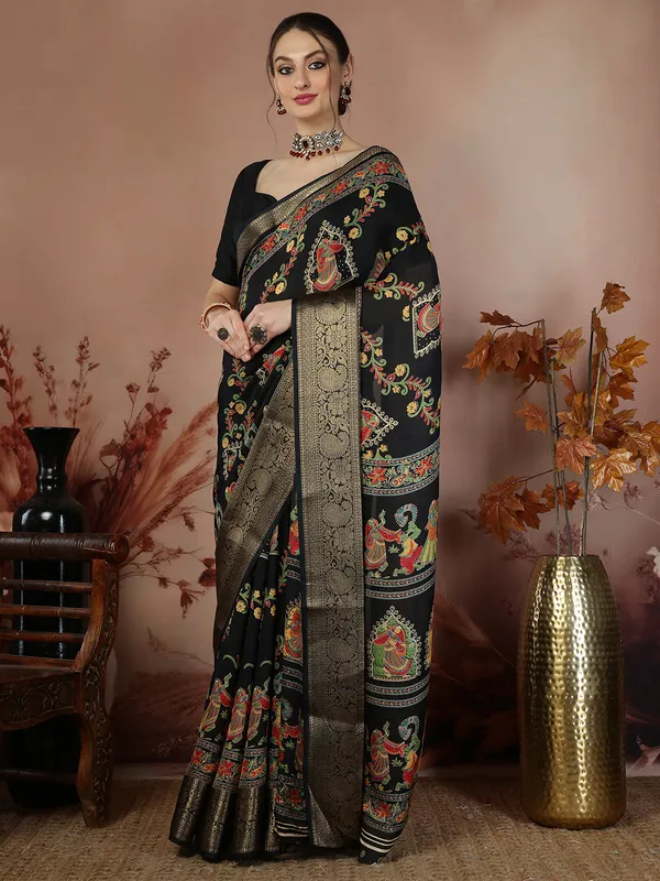 Midnight_Black_Banarasi_Art_Silk_Saree_with_Traditional_Folk_Motif_Print_&_Rich_Zari_Border
