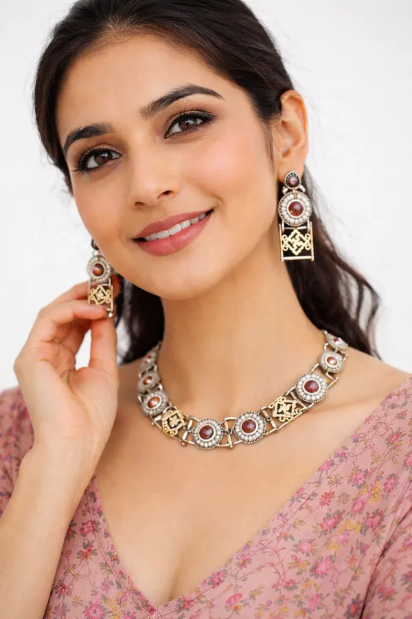 Indian_Shringar_Dual_Tone_Brass_Necklace_Set_|_Monalisa_Stone_Ethnic_Chain_with_Earrings_|_Adjustable_Thread_Jewelry