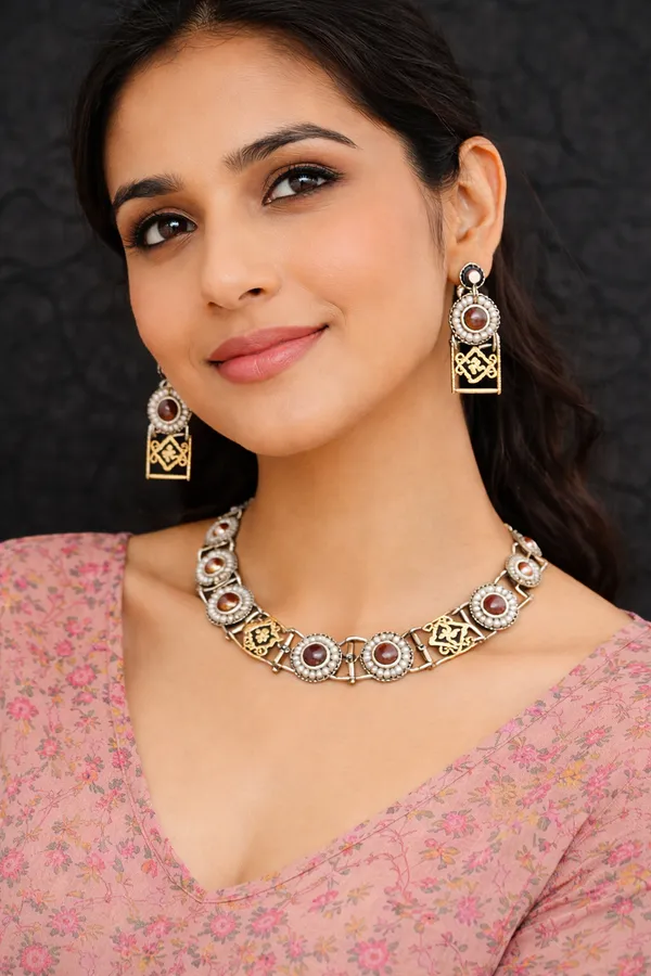 Indian_Shringar_Dual_Tone_Brass_Necklace_Set_|_Monalisa_Stone_Ethnic_Chain_with_Earrings_|_Adjustable_Thread_Jewelry