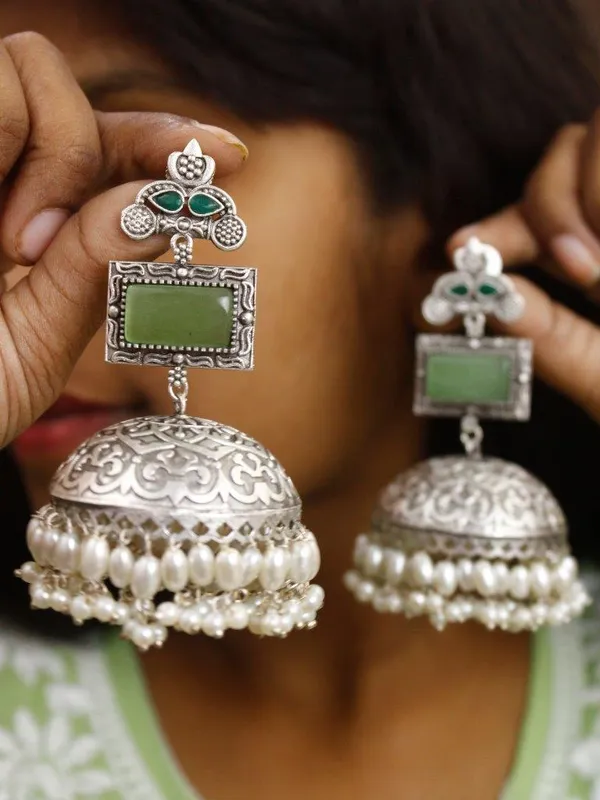 Oxidised_Silver_Grass_Green_Jhumka_Earrings_with_Pearl_Detailing_|_Indian_Shringar