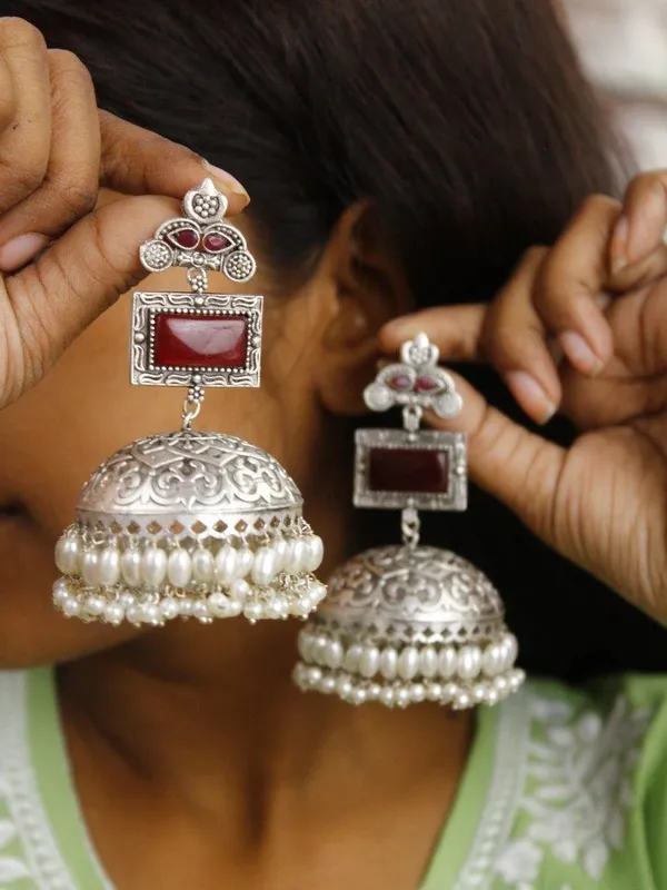 Oxidised_Silver_Pearl_Jhumka_Earrings_with_Ruby_Stone_|_Indian_Shringar
