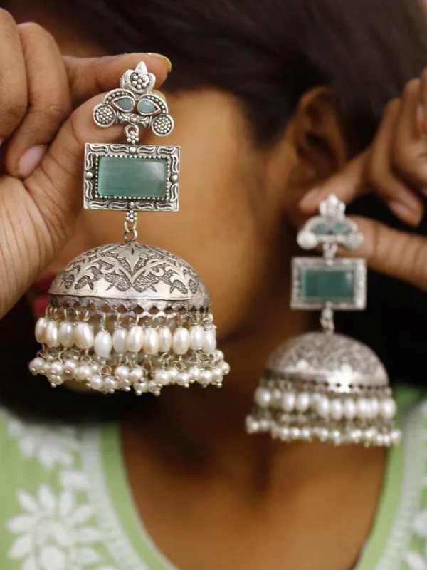 Oxidised_Silver_Sea_Green_Jhumka_Earrings_with_Pearl_Detailing_|_Indian_Shringar