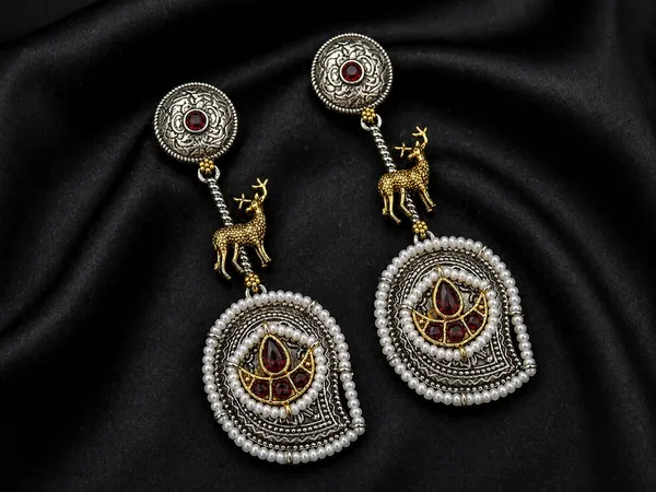 Indian_Shringar_Dual_Tone_Deer_Motif_Earrings_(Ruby_Red)_|_Ethnic_Statement_Earrings_|_Wedding_Special_Jewelry