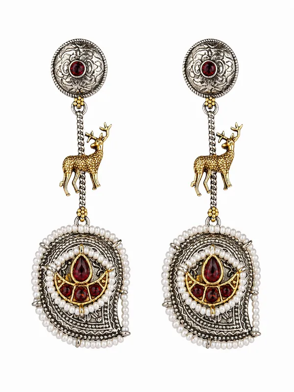 Indian_Shringar_Dual_Tone_Deer_Motif_Earrings_(Ruby_Red)_|_Ethnic_Statement_Earrings_|_Wedding_Special_Jewelry