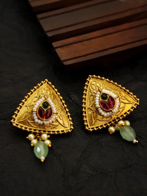 Red_Green_Paachi_Stone_Triangle_Earrings_|_Antique_Golden_Traditional_Designer_Studs_for_Festive_&_Wedding_Wear