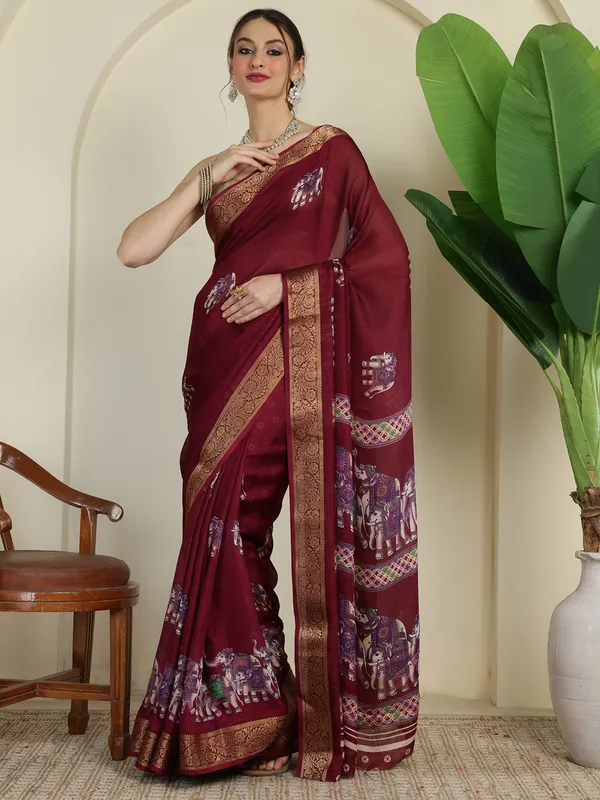 Royal_Red__Elephant_Print_Banarasi_Style_Saree_with_Woven_Zari_Border_&_Unstitched_Blouse_Piece