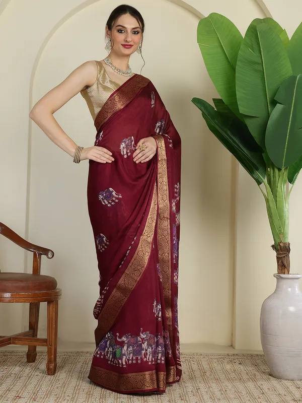 Royal_Red__Elephant_Print_Banarasi_Style_Saree_with_Woven_Zari_Border_&_Unstitched_Blouse_Piece