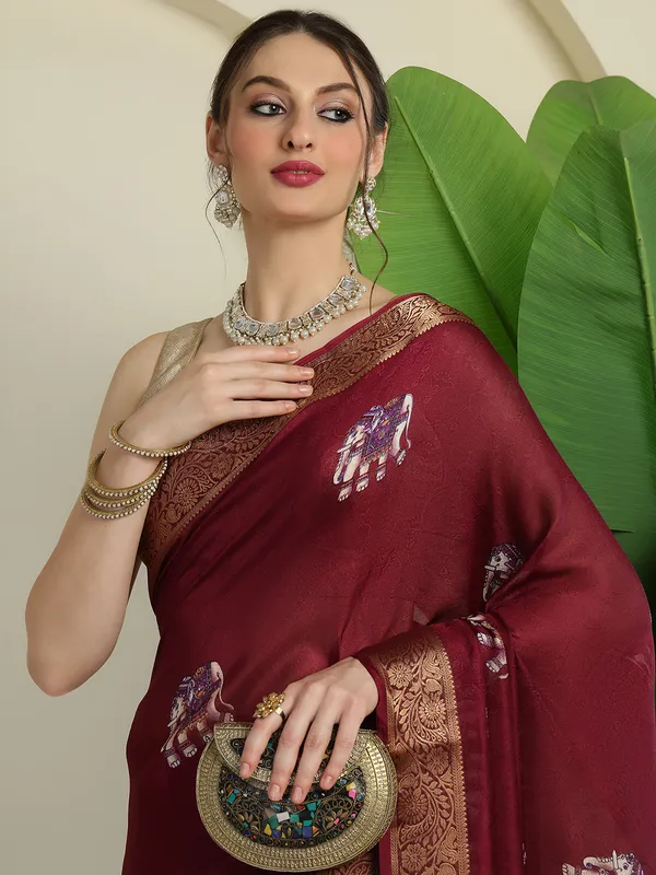 Royal_Red__Elephant_Print_Banarasi_Style_Saree_with_Woven_Zari_Border_&_Unstitched_Blouse_Piece