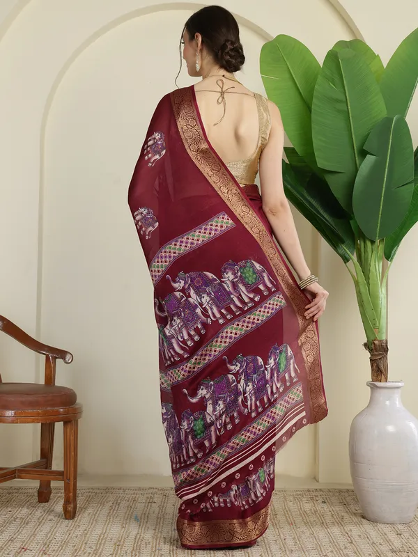 Royal_Red__Elephant_Print_Banarasi_Style_Saree_with_Woven_Zari_Border_&_Unstitched_Blouse_Piece