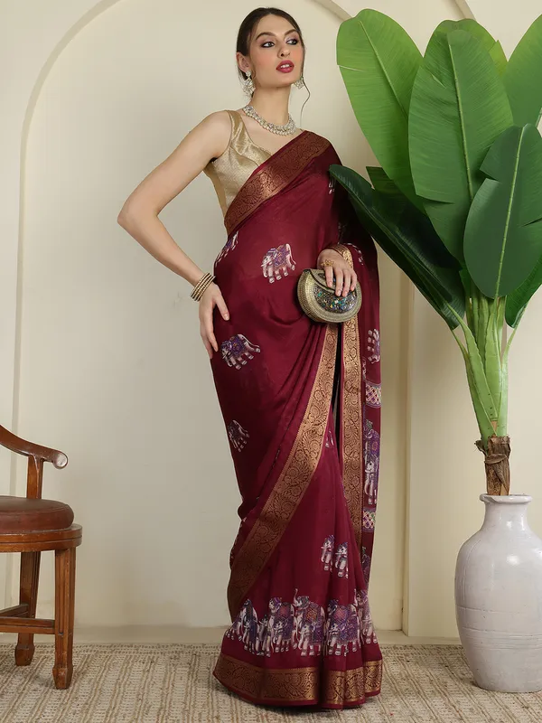 Royal_Red__Elephant_Print_Banarasi_Style_Saree_with_Woven_Zari_Border_&_Unstitched_Blouse_Piece