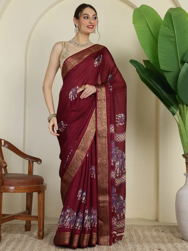 Royal_Red__Elephant_Print_Banarasi_Style_Saree_with_Woven_Zari_Border_&_Unstitched_Blouse_Piece