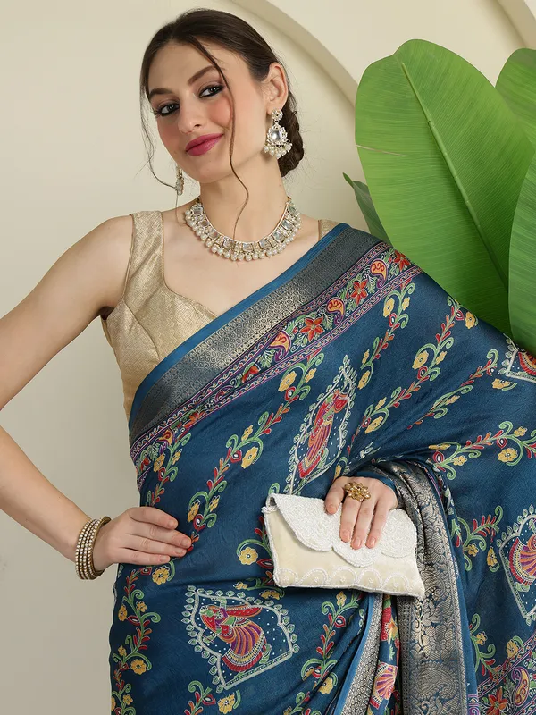 Royal_Steel_Blue_Banarasi_Art_Silk_Saree_with_Traditional_Folk_Motif_Print_&_Rich_Zari_Border