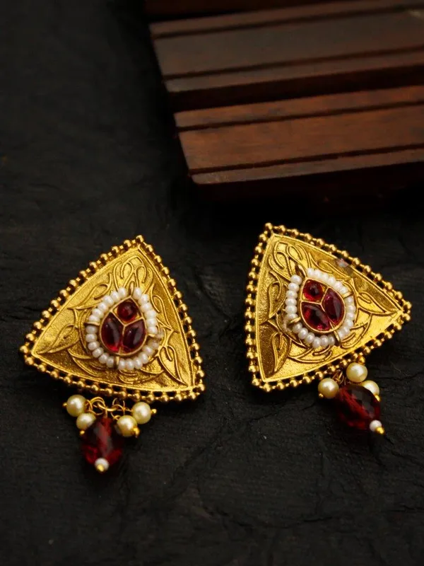 Ruby_Red_Paachi_Stone_Triangle_Earrings_|_Antique_Golden_Ethnic_Designer_Studs_for_Wedding_&_Festive_Wear