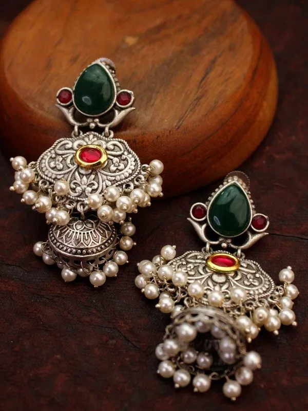 Ruhani_Green_Red_Pearl_Chandbali_Jhumka_Earrings